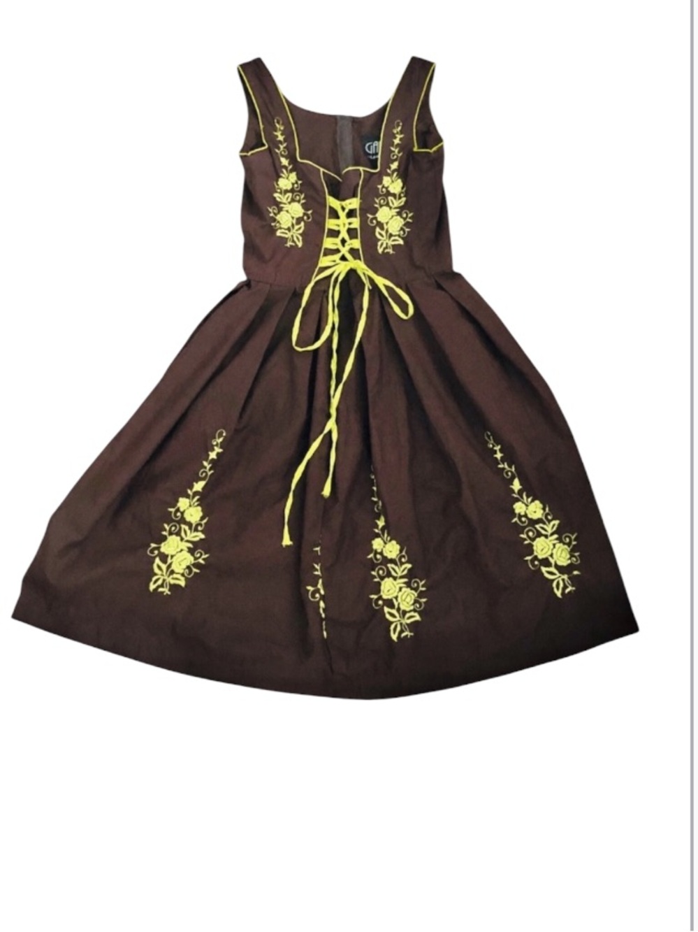 Gaudi Brown Corset Neck Sleeveless Lime-Green Tie Embroidery Midi Dress 40 US4